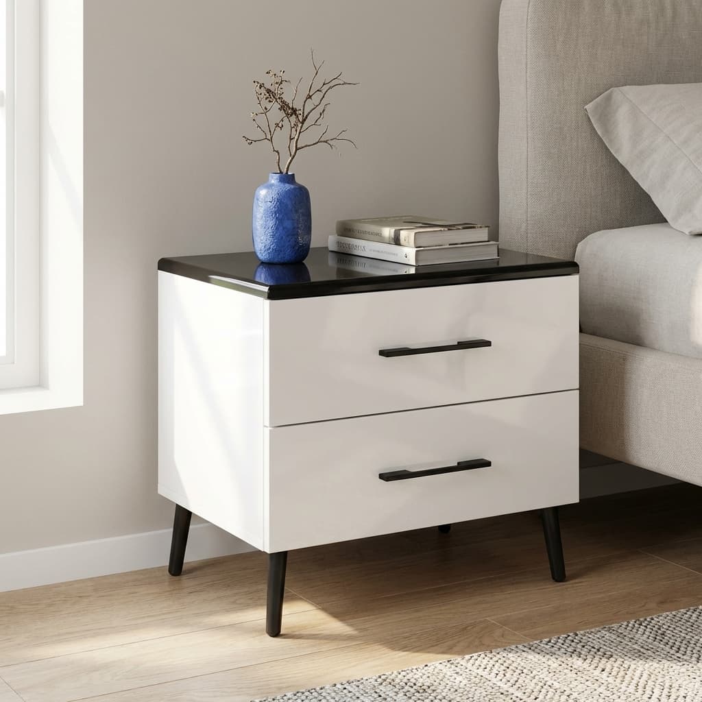 modern 2 drawer bedside table with white finish and black top