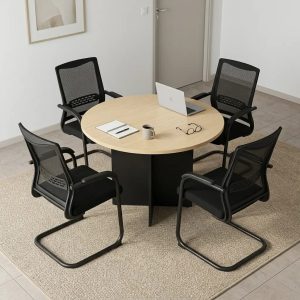 1m Custom Round Meeting Table with circular light woodgrain tabletop, smooth rounded edges and contrasting black geometric panel base.