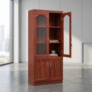 2 door mahogany veneer cabinet with glass top doors and wooden bottom doors