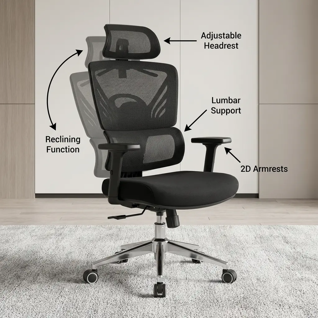 Mesh Executive Office Chair with adjustable headrest, lumbar support and reclining function