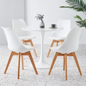 Dining table and chairs for 4 with white round table and modern dining chairs