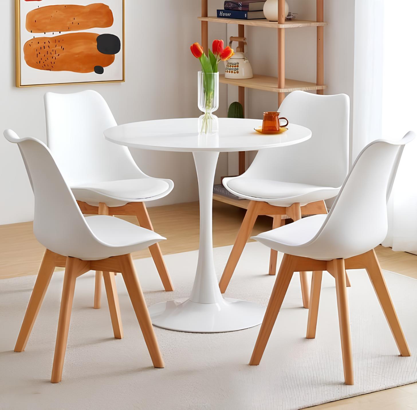 Dining table and chairs for 4 with white round table and modern dining chairs