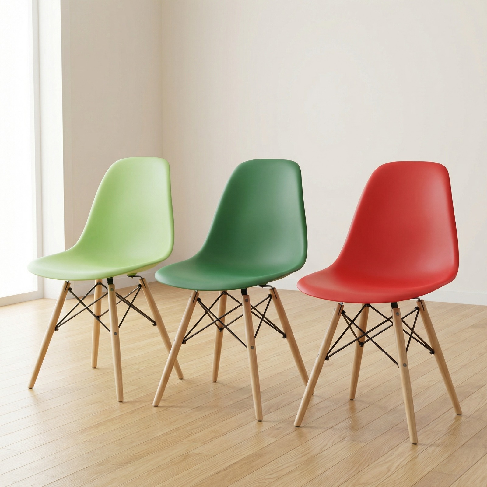 colorful Eames dining chairs with wooden legs and molded plastic seats