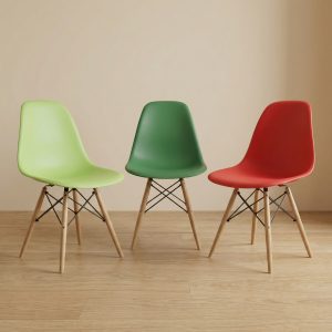 colorful Eames dining chairs with wooden legs and molded plastic seats