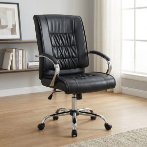 black prestige leather office chair with chrome armrests and swivel base