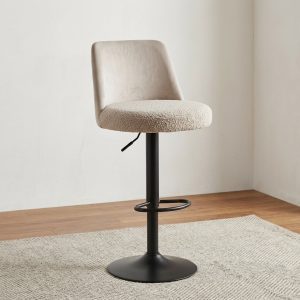 Adjustable Fabric Bar Stool with upholstered seat and modern pedestal base
