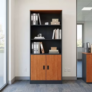 Executive Storage Bookshelf with black frame, three open shelving levels, warm wood-finish top panel, double wooden cabinet doors and black handles.