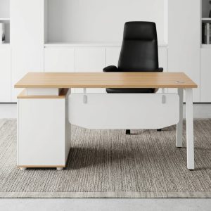 1400mm Metallic Base Desk with light wood-grain rectangular desktop, white metal legs, cable management grommet, and white modesty panel.