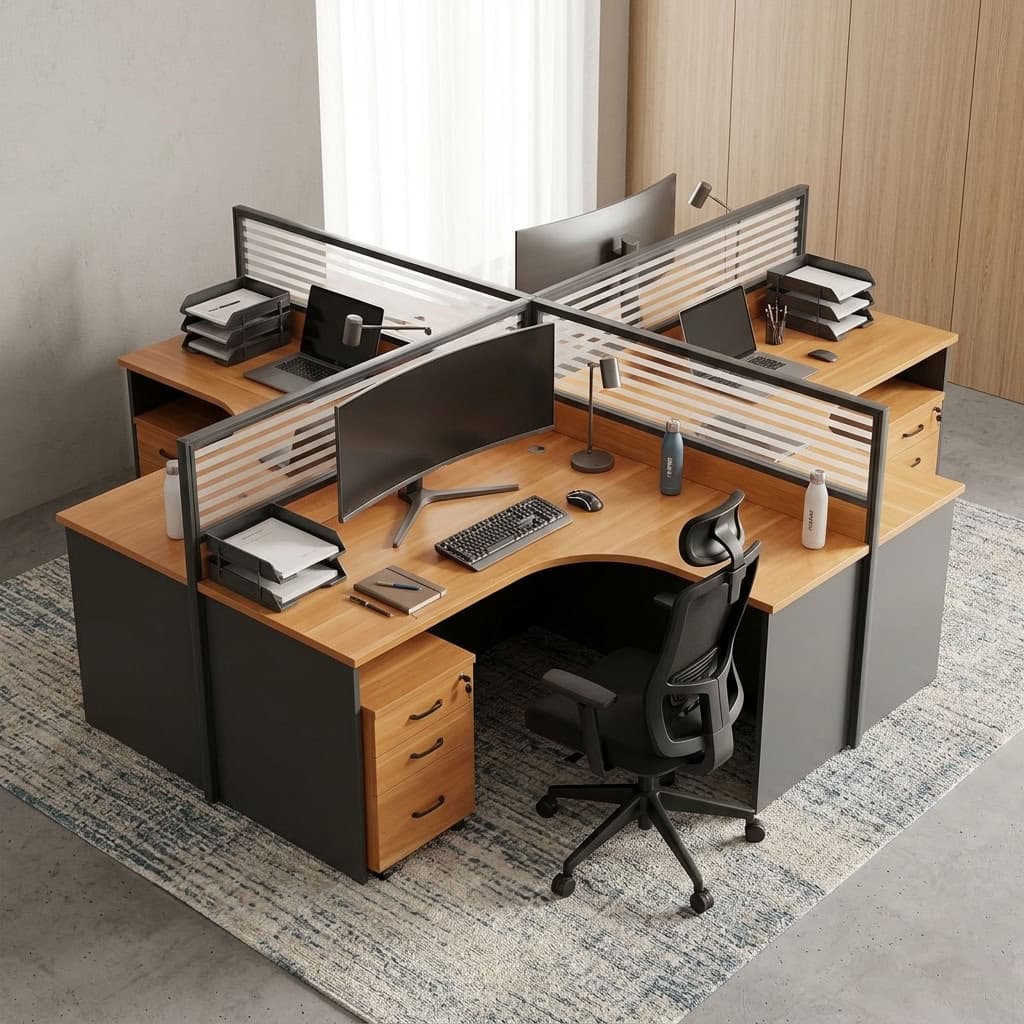 Ergonomic 4-Person Workstation with L-shaped wood-grain desktops, grey modesty panels, black-framed striped partition screens and three-drawer storage pedestal.