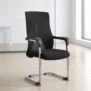Mesh Visitor Office Chair with black mesh high backrest, cushioned fabric seat, curved black armrests, chrome cantilever frame and black floor glides.