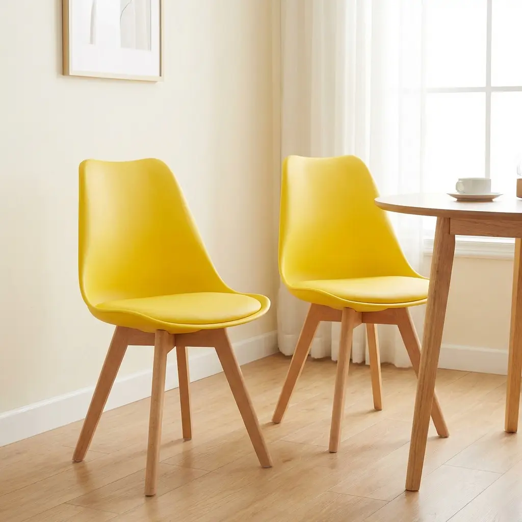 Nordic Shell Dining Chair with bright yellow curved shell backrest, matching padded seat, smooth armless design and four tapered wood-look legs.