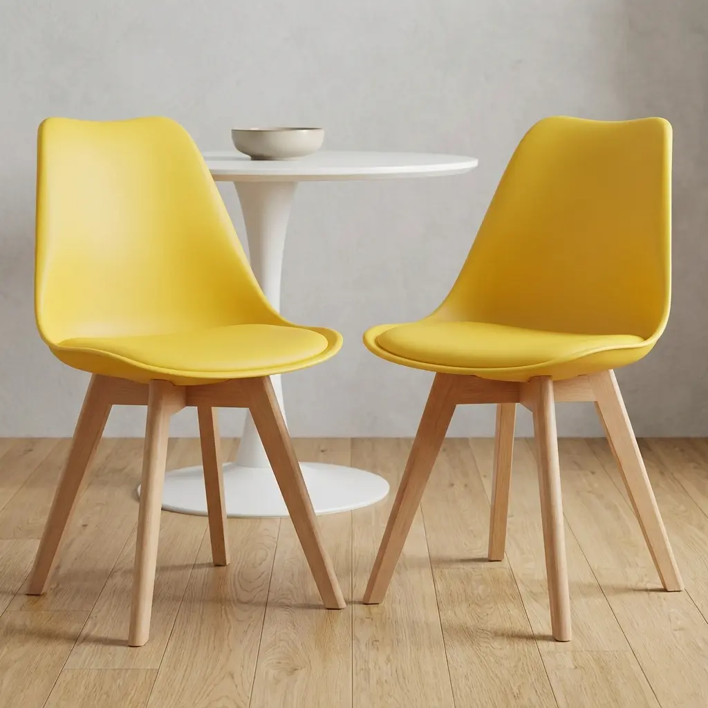 Nordic Shell Dining Chair with bright yellow curved shell backrest, matching padded seat, smooth armless design and four tapered wood-look legs.