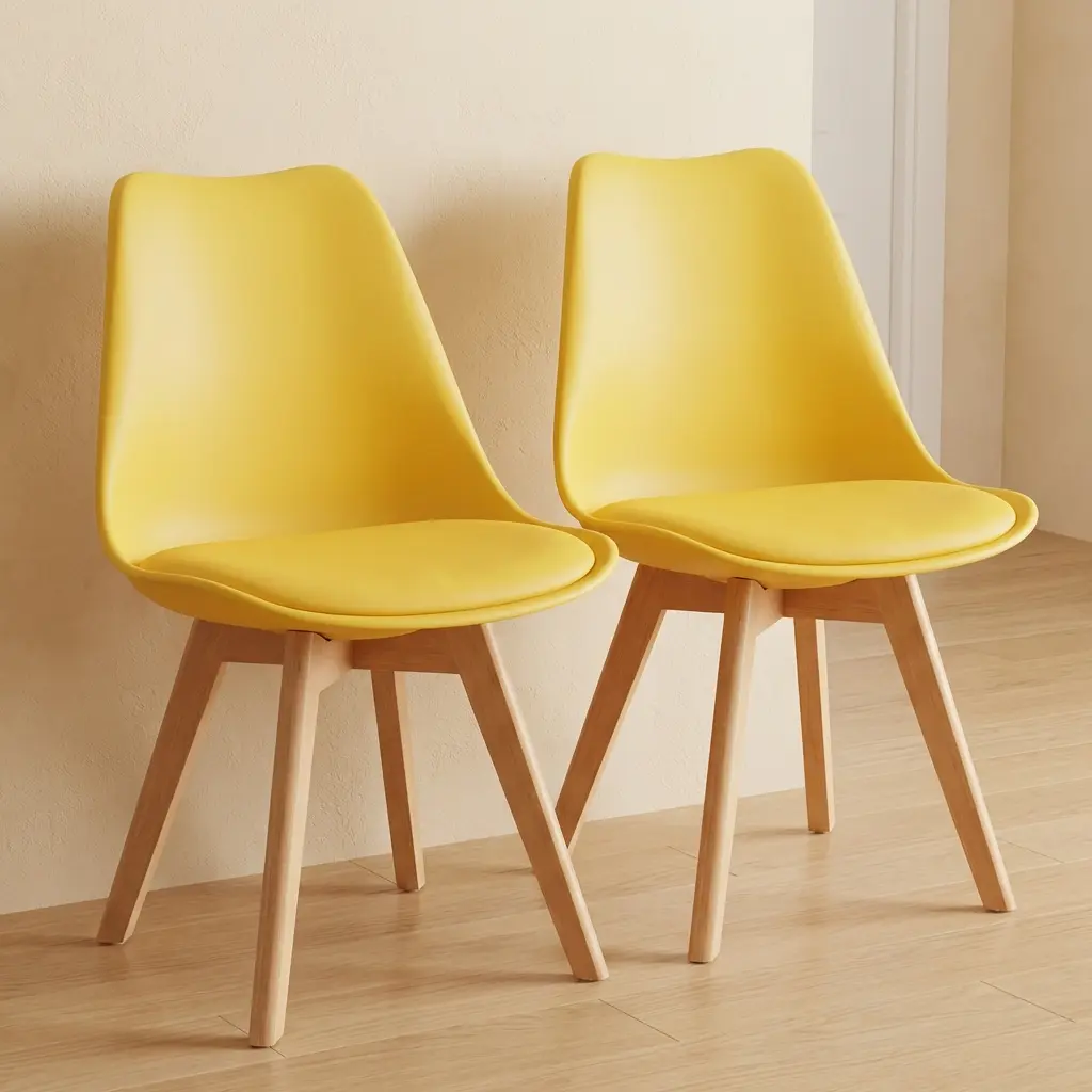 Nordic Shell Dining Chair with bright yellow curved shell backrest, matching padded seat, smooth armless design and four tapered wood-look legs.