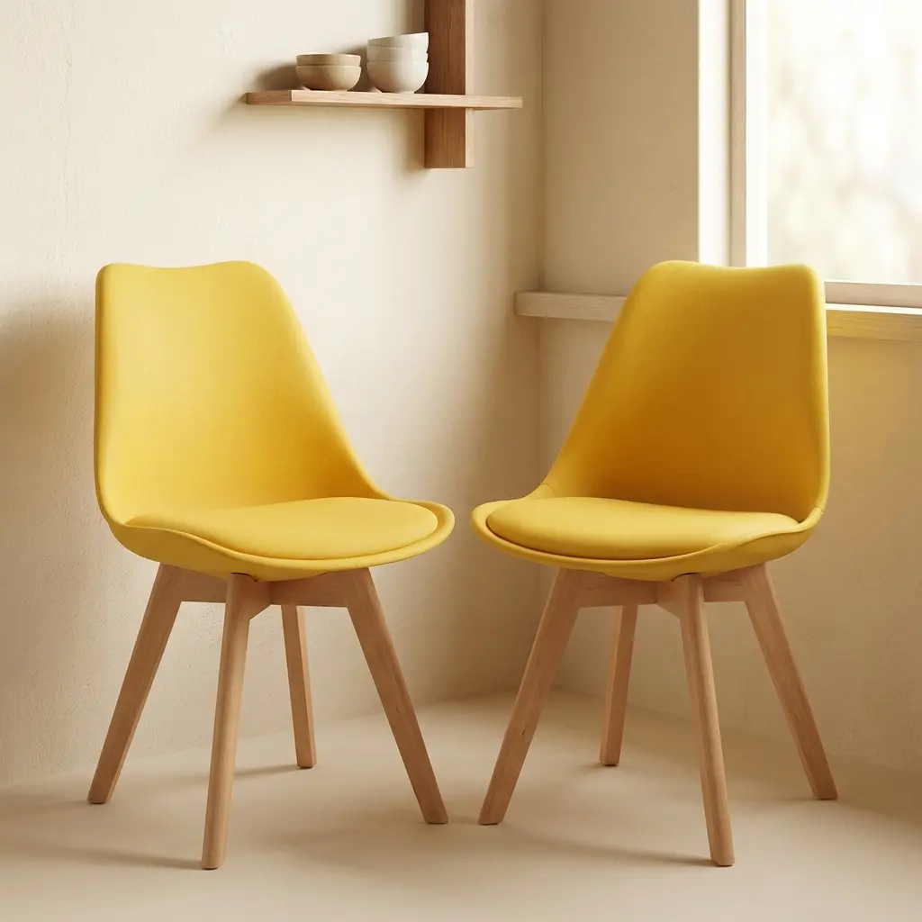 Nordic Shell Dining Chair with bright yellow curved shell backrest, matching padded seat, smooth armless design and four tapered wood-look legs.