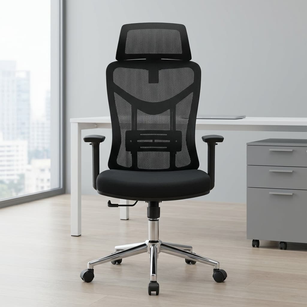 High-Back Desk Chair with black mesh backrest, mesh headrest, integrated lumbar support, padded black fabric seat, armrests and chrome five-star caster base.