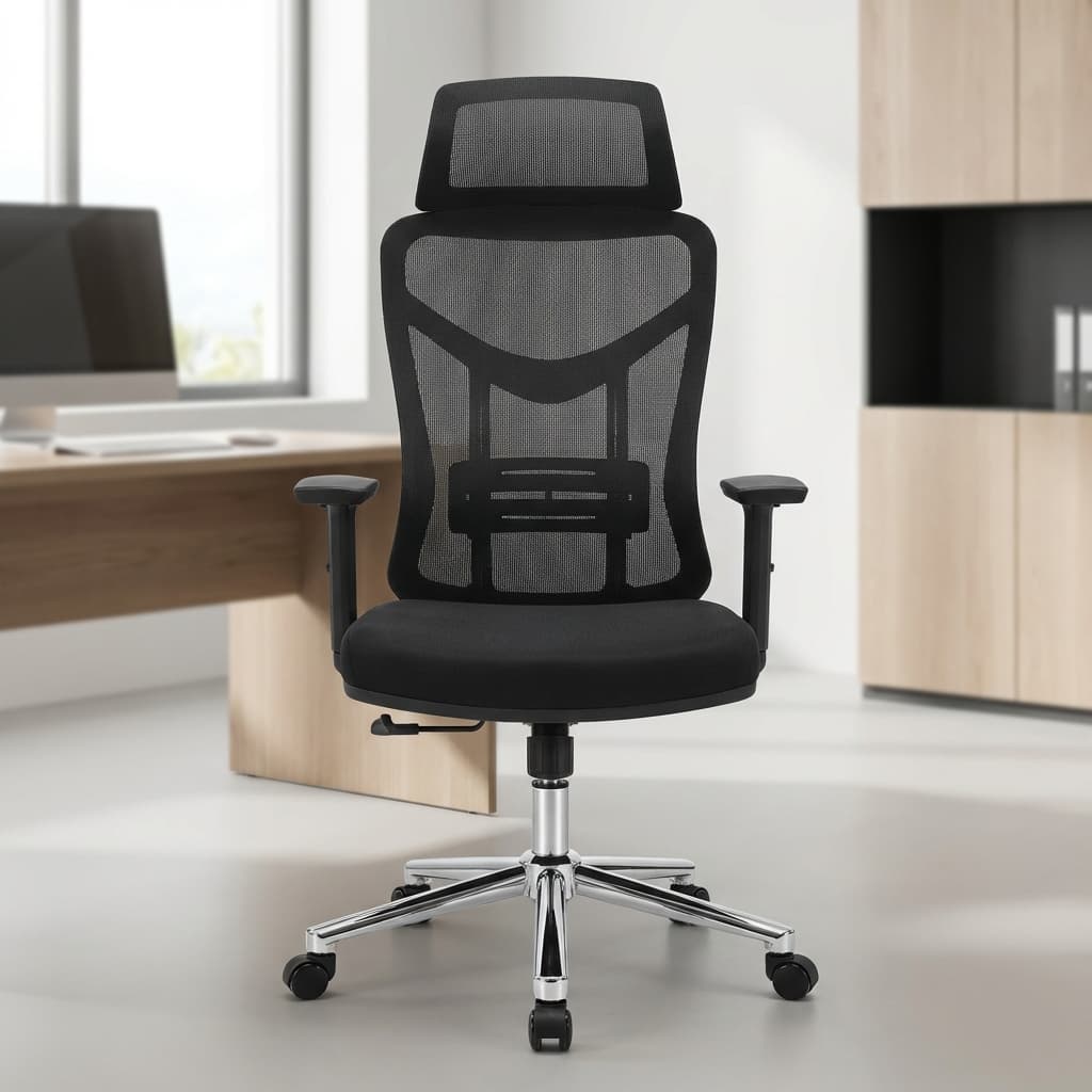 High-Back Desk Chair with black mesh backrest, mesh headrest, integrated lumbar support, padded black fabric seat, armrests and chrome five-star caster base.