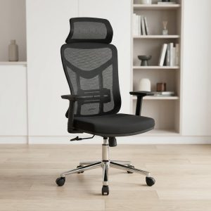 High-Back Desk Chair with black mesh backrest, mesh headrest, integrated lumbar support, padded black fabric seat, armrests and chrome five-star caster base.