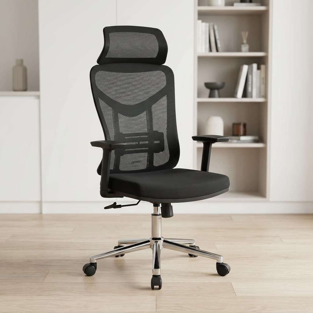 High-Back Desk Chair with black mesh backrest, mesh headrest, integrated lumbar support, padded black fabric seat, armrests and chrome five-star caster base.