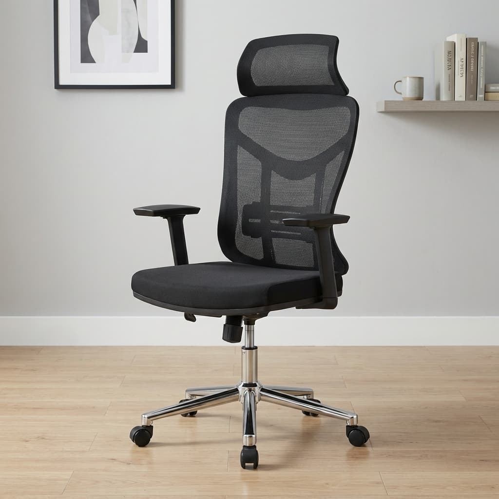 High-Back Desk Chair with black mesh backrest, mesh headrest, integrated lumbar support, padded black fabric seat, armrests and chrome five-star caster base.