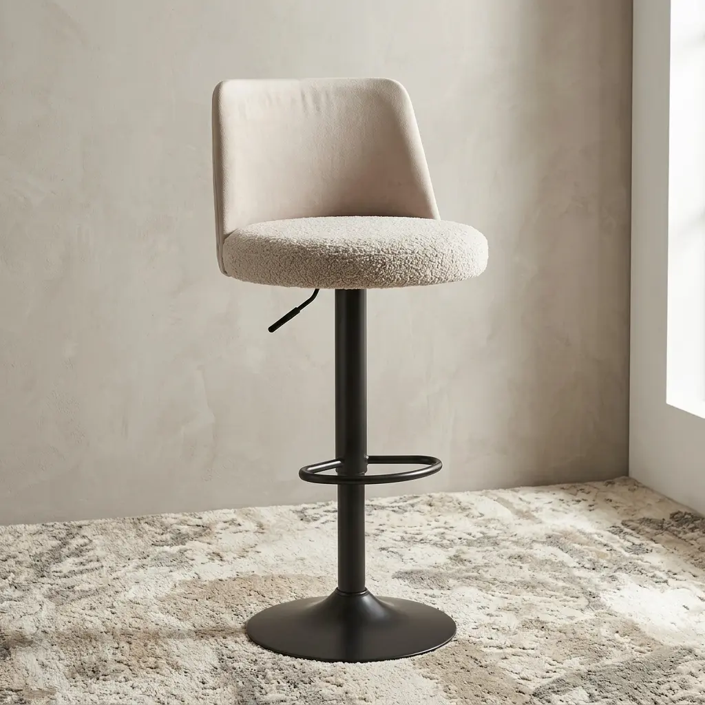 An Adjustable Fabric Bar Stool featuring a cream boucle textured seat, a low-profile backrest, a pneumatic lift lever, and a matte black pedestal base.