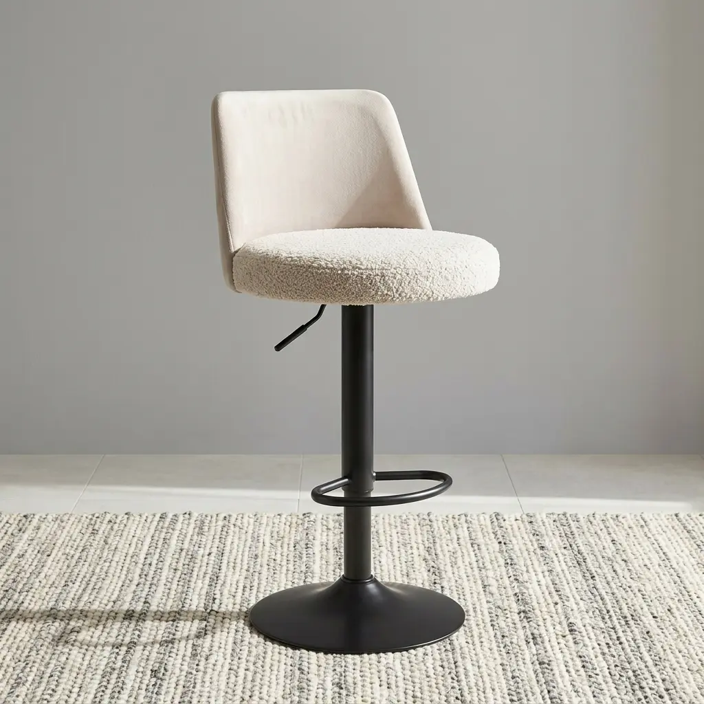 An Adjustable Fabric Bar Stool featuring a cream boucle textured seat, a low-profile backrest, a pneumatic lift lever, and a matte black pedestal base.