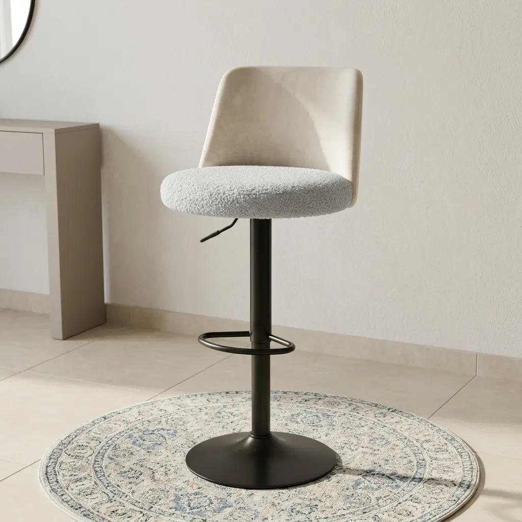 An Adjustable Fabric Bar Stool featuring a cream boucle textured seat, a low-profile backrest, a pneumatic lift lever, and a matte black pedestal base.