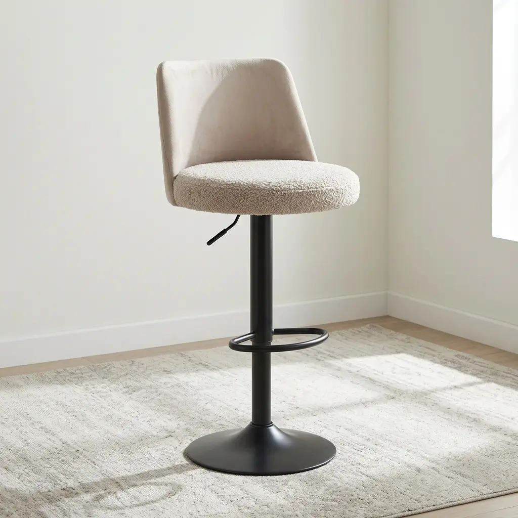 An Adjustable Fabric Bar Stool featuring a cream boucle textured seat, a low-profile backrest, a pneumatic lift lever, and a matte black pedestal base.