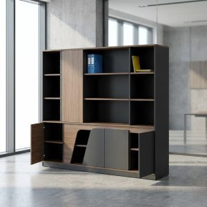 wooden office file cabinet with shelves and storage