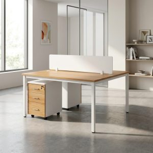 2 person office workstation desk with divider and drawers