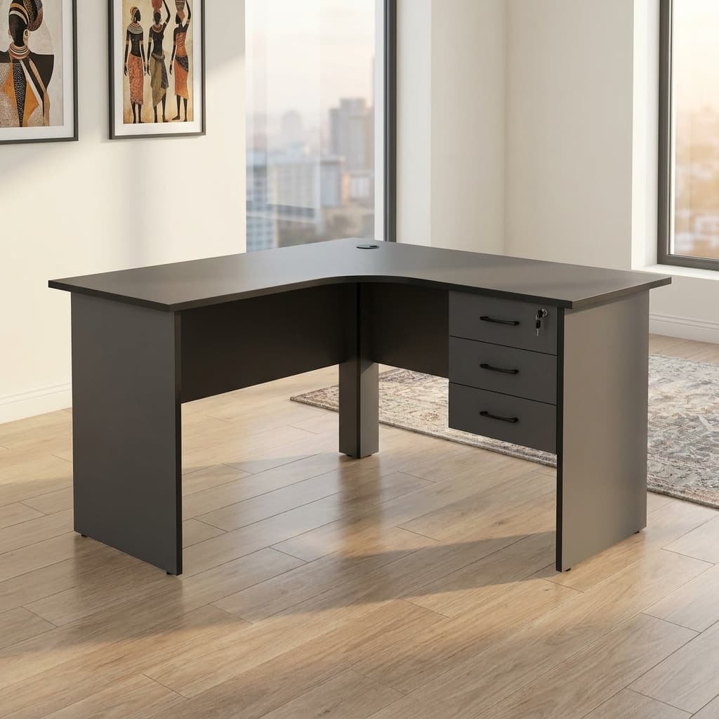 1.4M curved office desk with drawers and black finish