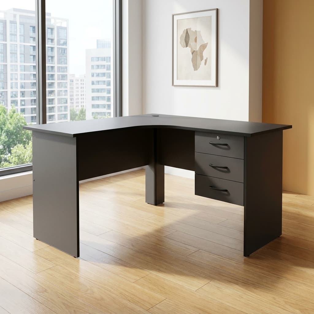 1.4M curved office desk with drawers and black finish
