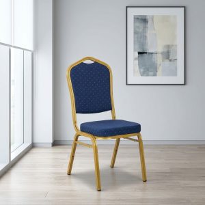banquet conference chair with blue fabric and gold frame