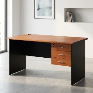 1.4m cherry office desk with lockable drawers and black side panels