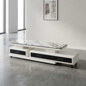modern marble top TV stand with storage drawers in white finish