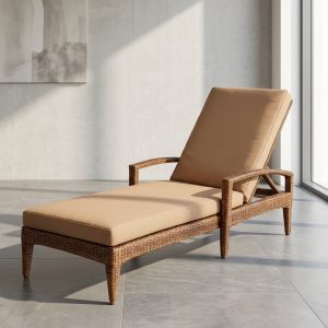 Outdoor rattan sun lounger with adjustable backrest and beige cushions