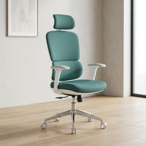 Fabric ergonomic office chair in green with adjustable headrest