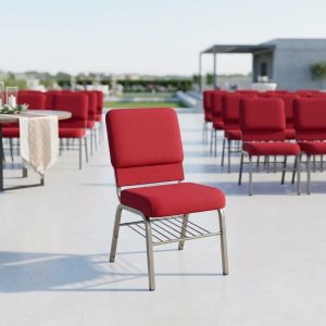 Red upholstered ruby banquet chair with steel frame