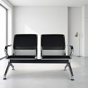 Black two-seater waiting bench with chrome frame and armrests