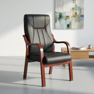 Executive visitor chair with wooden armrests and padded seating