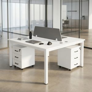 Modern white shared workstation with storage drawers