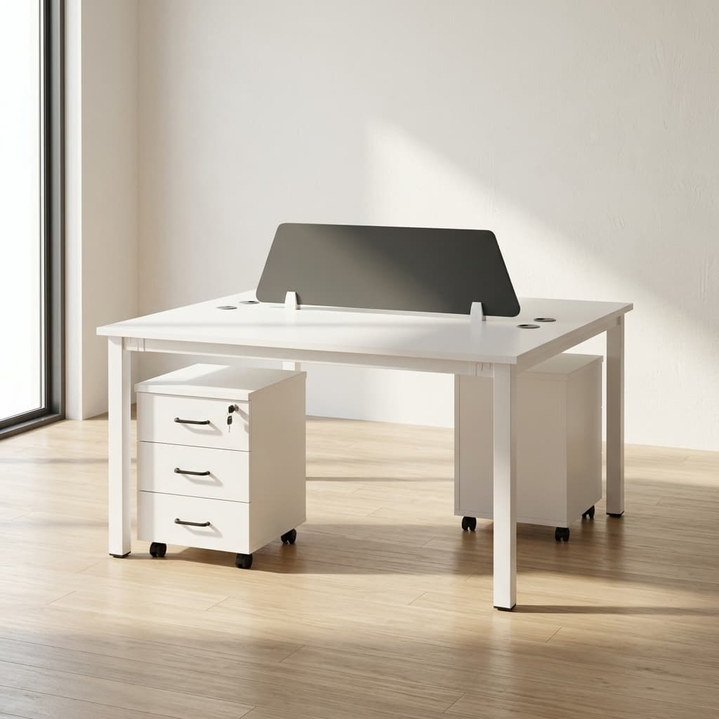 Modern white shared workstation with storage drawers