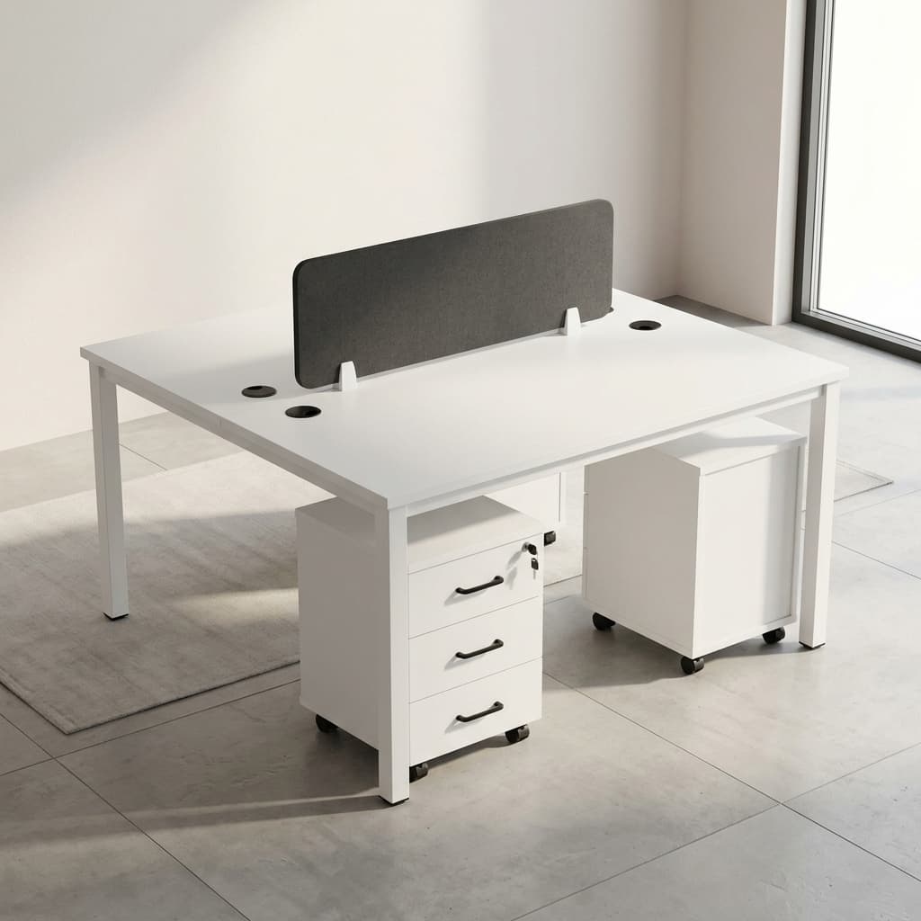 Modern white shared workstation with storage drawers