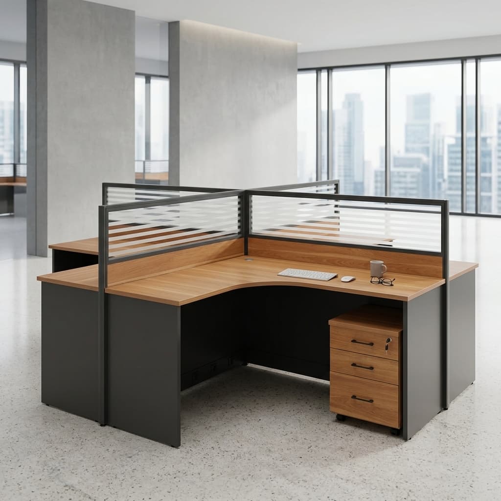 Modern 4-pax curved office workstation with partitions and storage