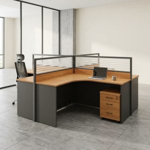 Modern 4-pax curved office workstation with partitions and storage