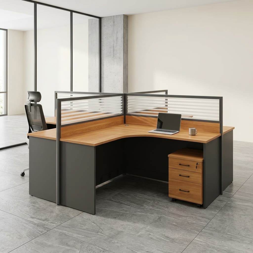 Modern 4-pax curved office workstation with partitions and storage