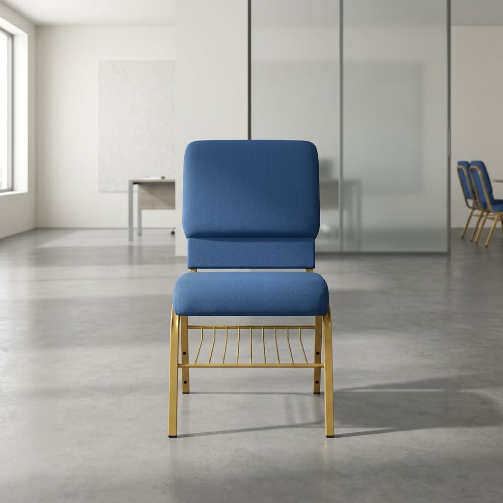 Blue Fabric Stackable Chair with padded seat and storage rack