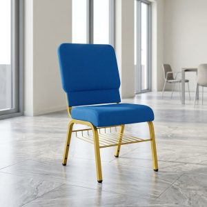 Blue Fabric Stackable Chair with padded seat and storage rack