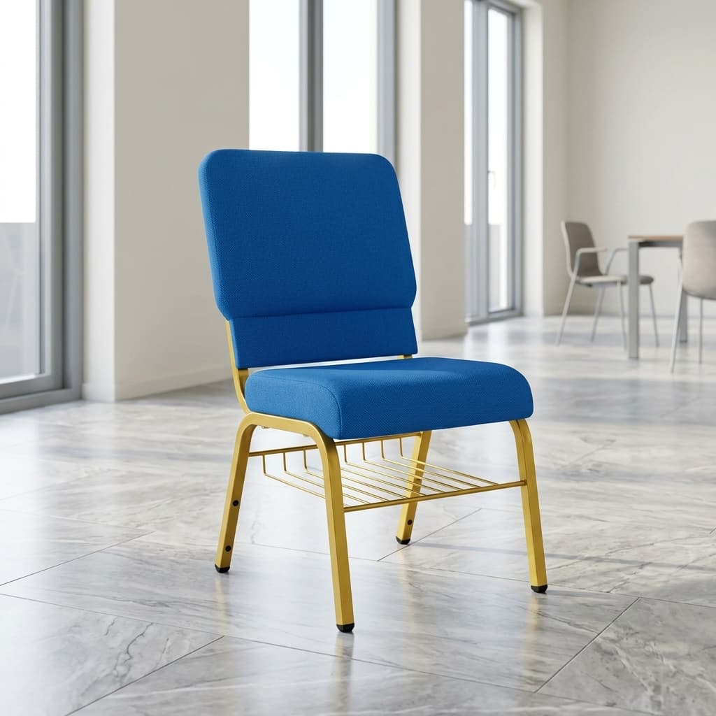 Blue Fabric Stackable Chair with padded seat and storage rack