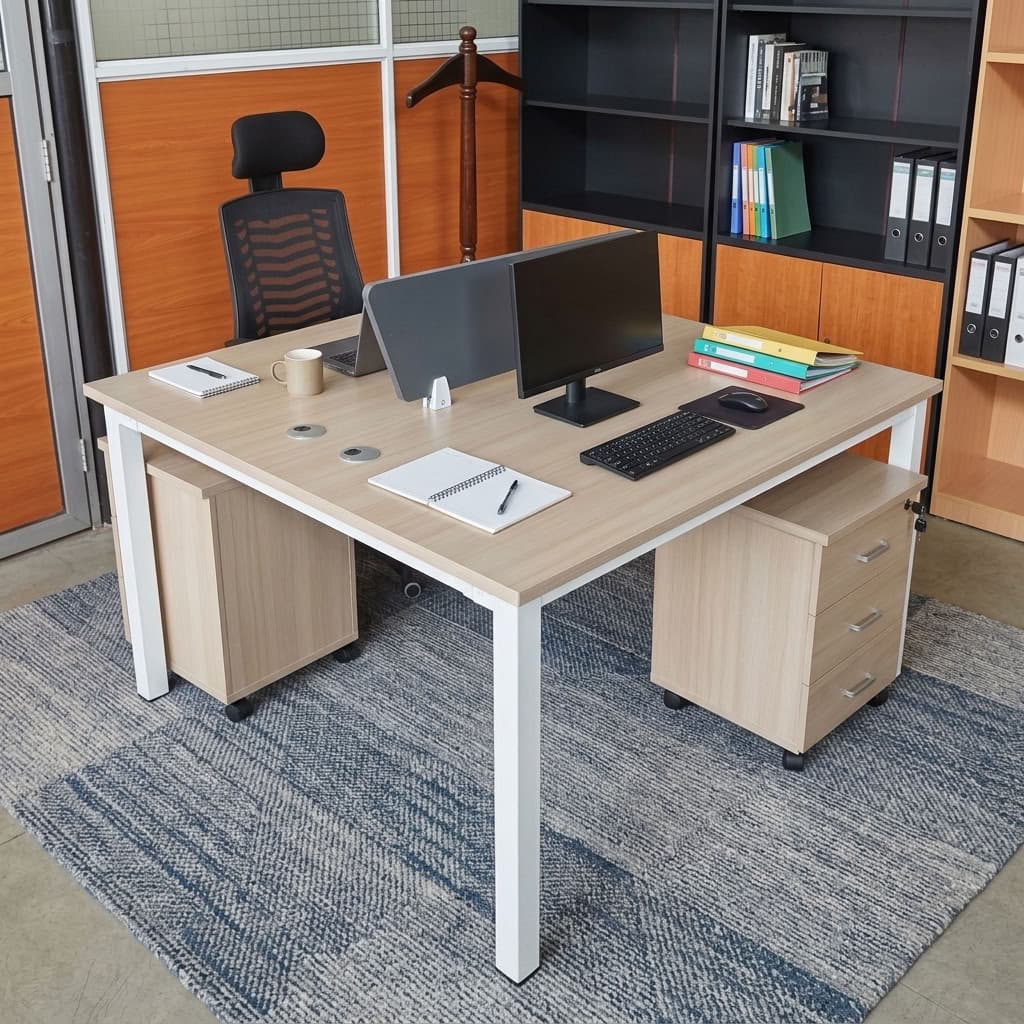 2-Person Office Workstation Desk with light wood-grain desktop, grey central privacy divider, white metal frame, cable openings and mobile storage pedestals.