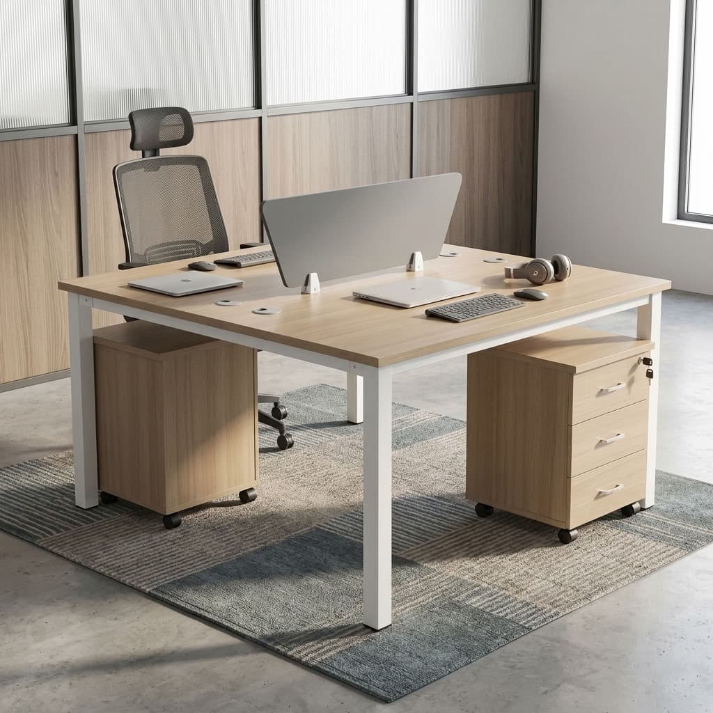 2-Person Office Workstation Desk with light wood-grain desktop, grey central privacy divider, white metal frame, cable openings and mobile storage pedestals.